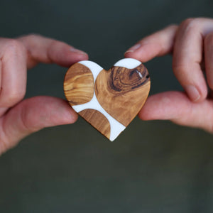 Olive wood and white resin heart handmade decor.