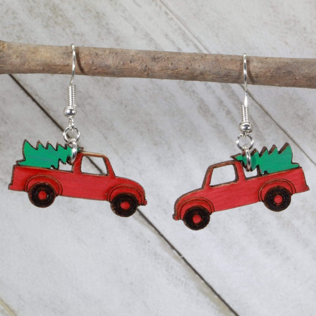 Red Truck Christmas Tree Wooden Dangle Earrings | Holiday Jewelry