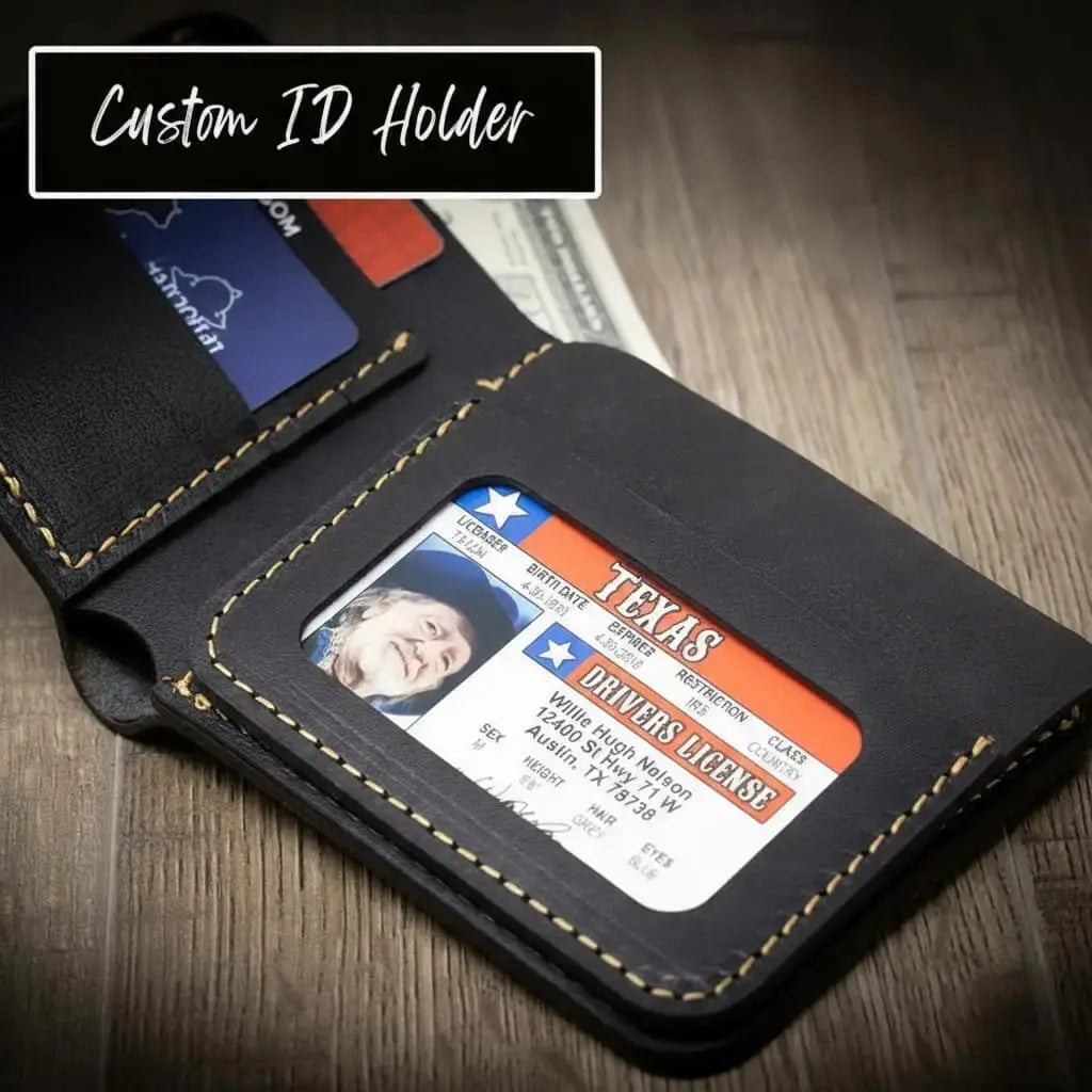 Black leather bifold wallet holding a Texas driver's license and cards.