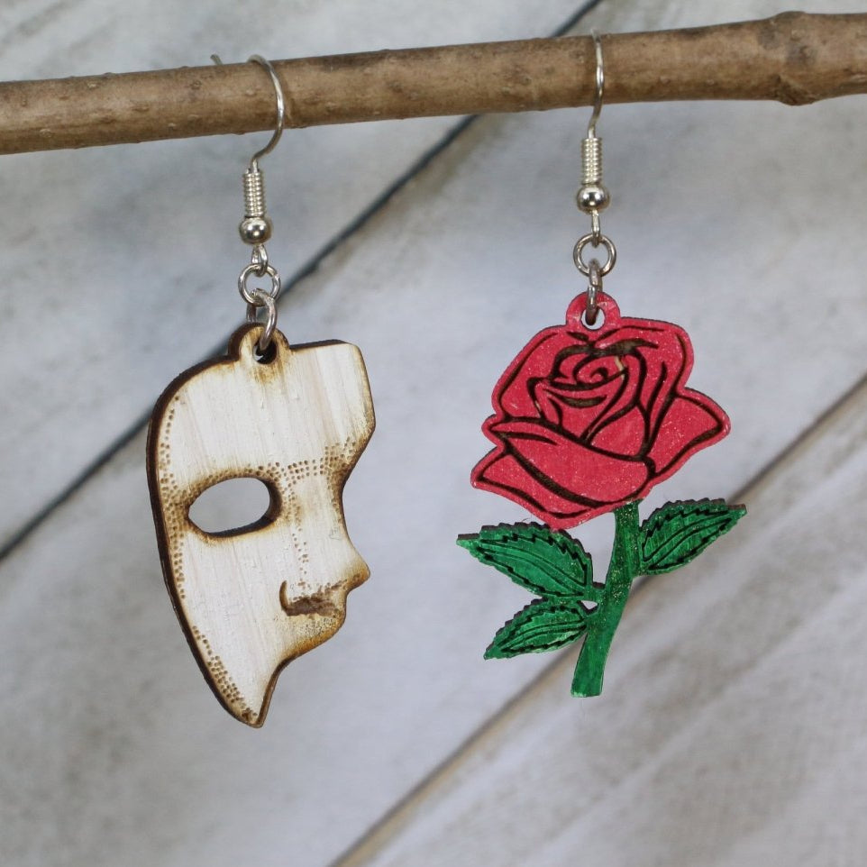 Rose and Mask Wooden Dangle Earrings | Theatre Drama Jewelry