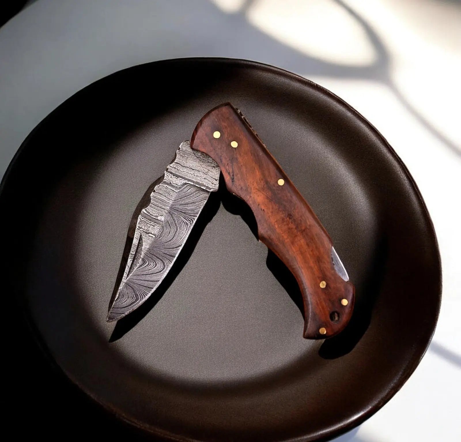 Rosewood Handle 3" Damascus Pocket Knife with Case Damascus Knife Store