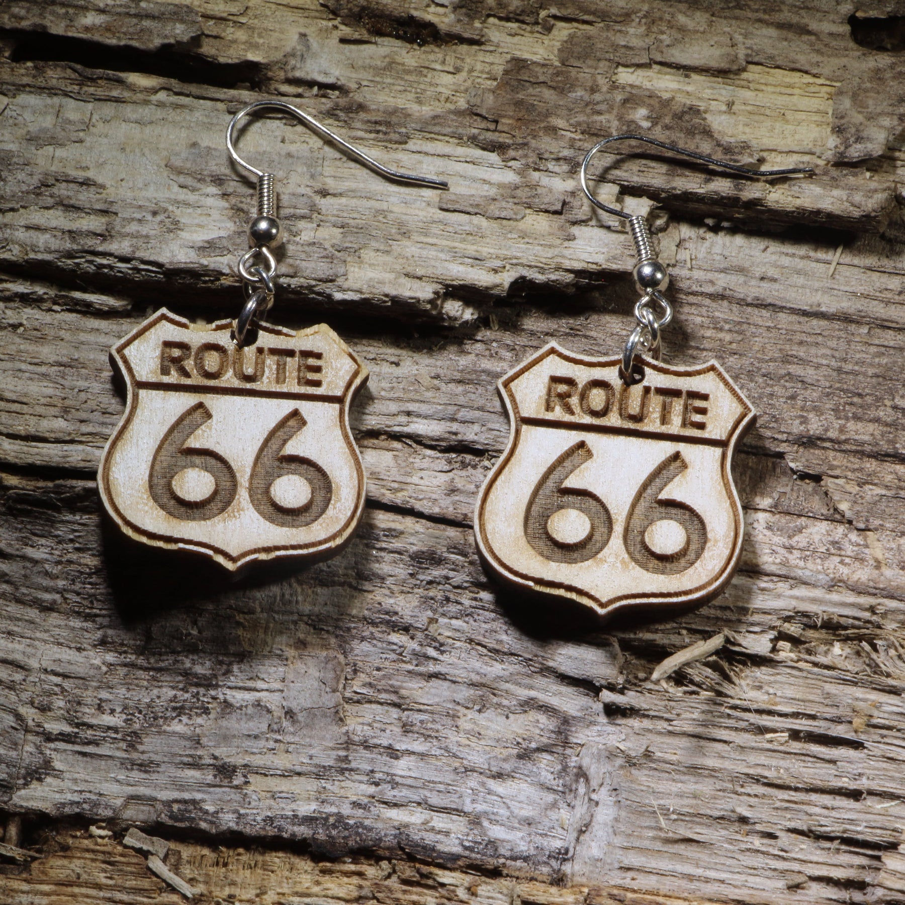 Route 66 Wooden Dangle Earrings | Road Trip Travel Jewelry