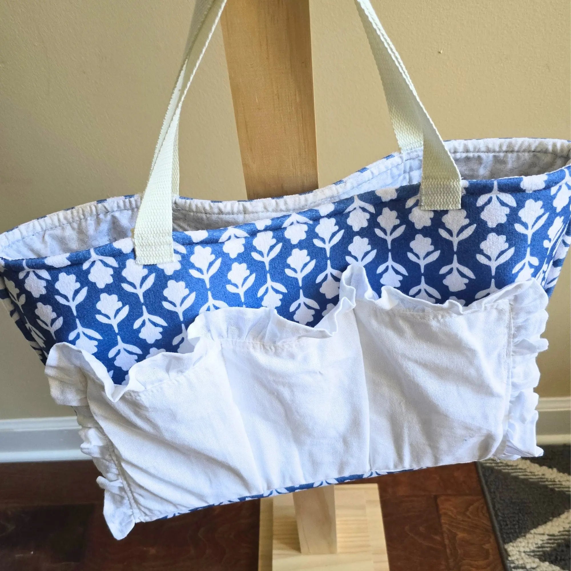 Ruffled Pocket Tote Bag, Blue Floral Tote, Coquette Tote Bag, Cottagecore Purse, Handmade Shoulder Bag, Organizer Tote, Gift for Her Maypop House Designs