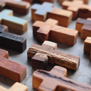 Rugged pocket crosses made from reclaimed wood with varied textures.