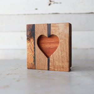 Wooden heart-shaped tile with reclaimed wood and black accent.