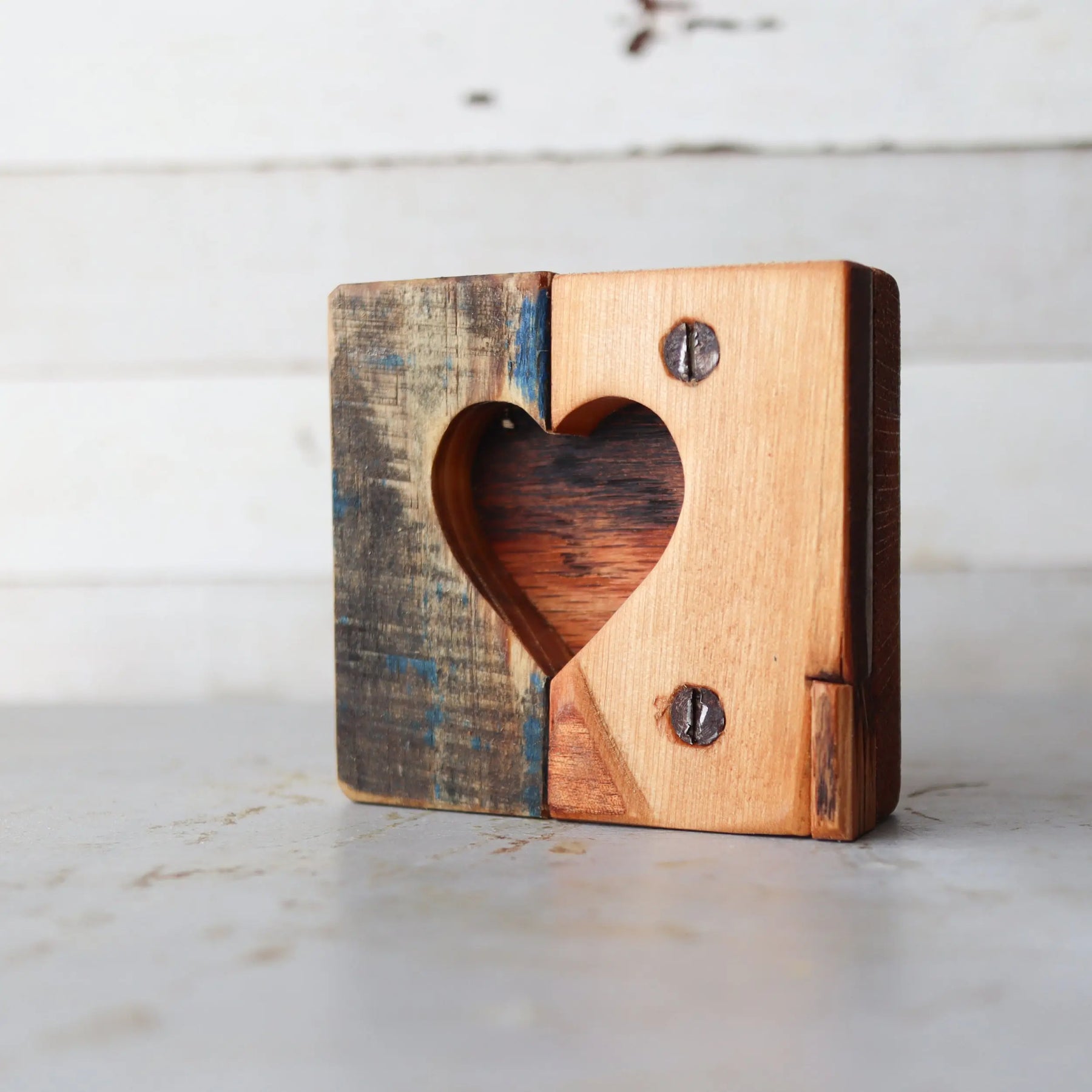 Rustic Heart Tile with carved heart and two contrasting wood sides.