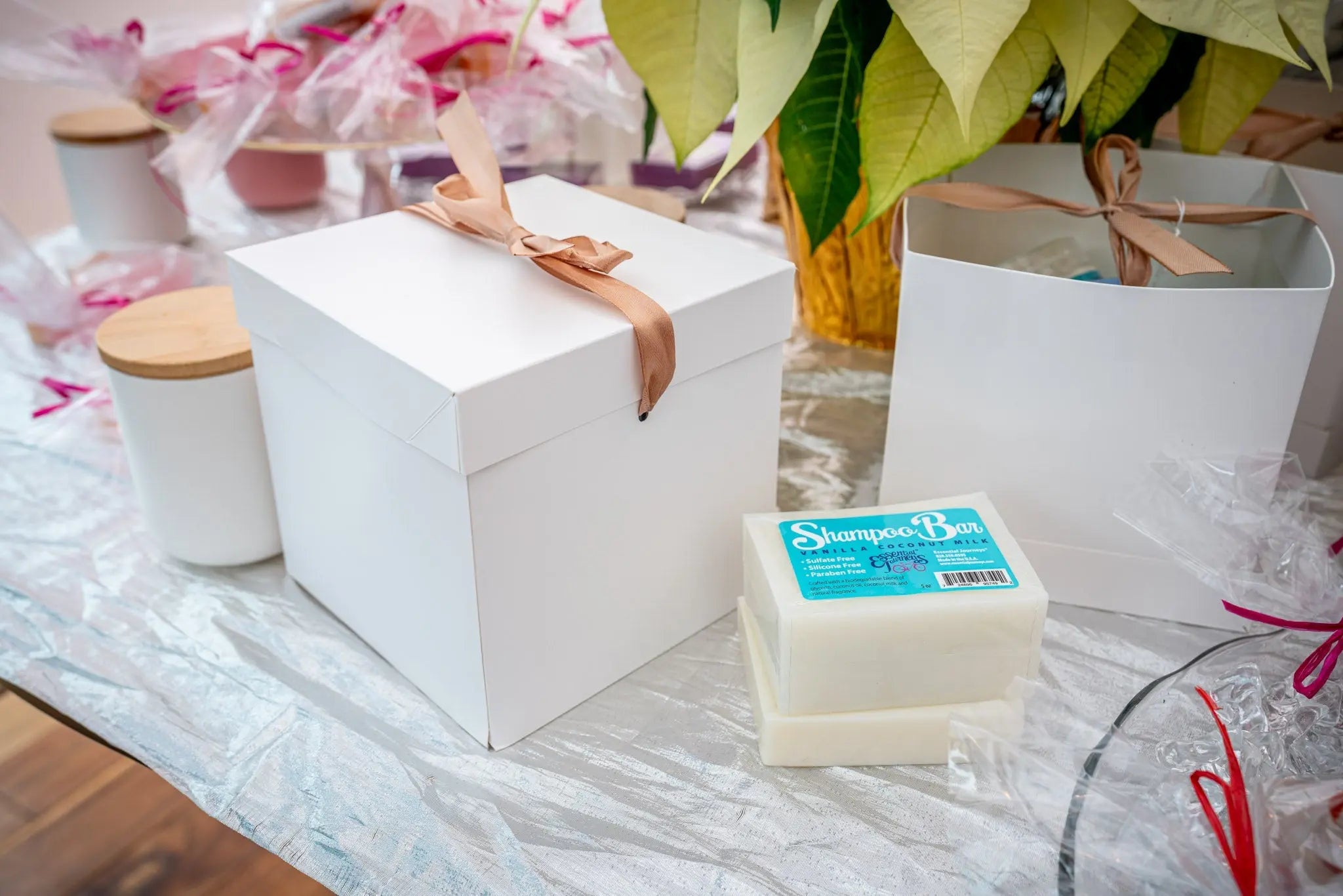 Vanilla coconut milk shampoo bar with blue label, presented on a table.
