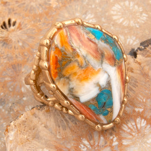 Modern Edge Turquoise and Spiny Oyster Shell Matrix Stone Golden Ring