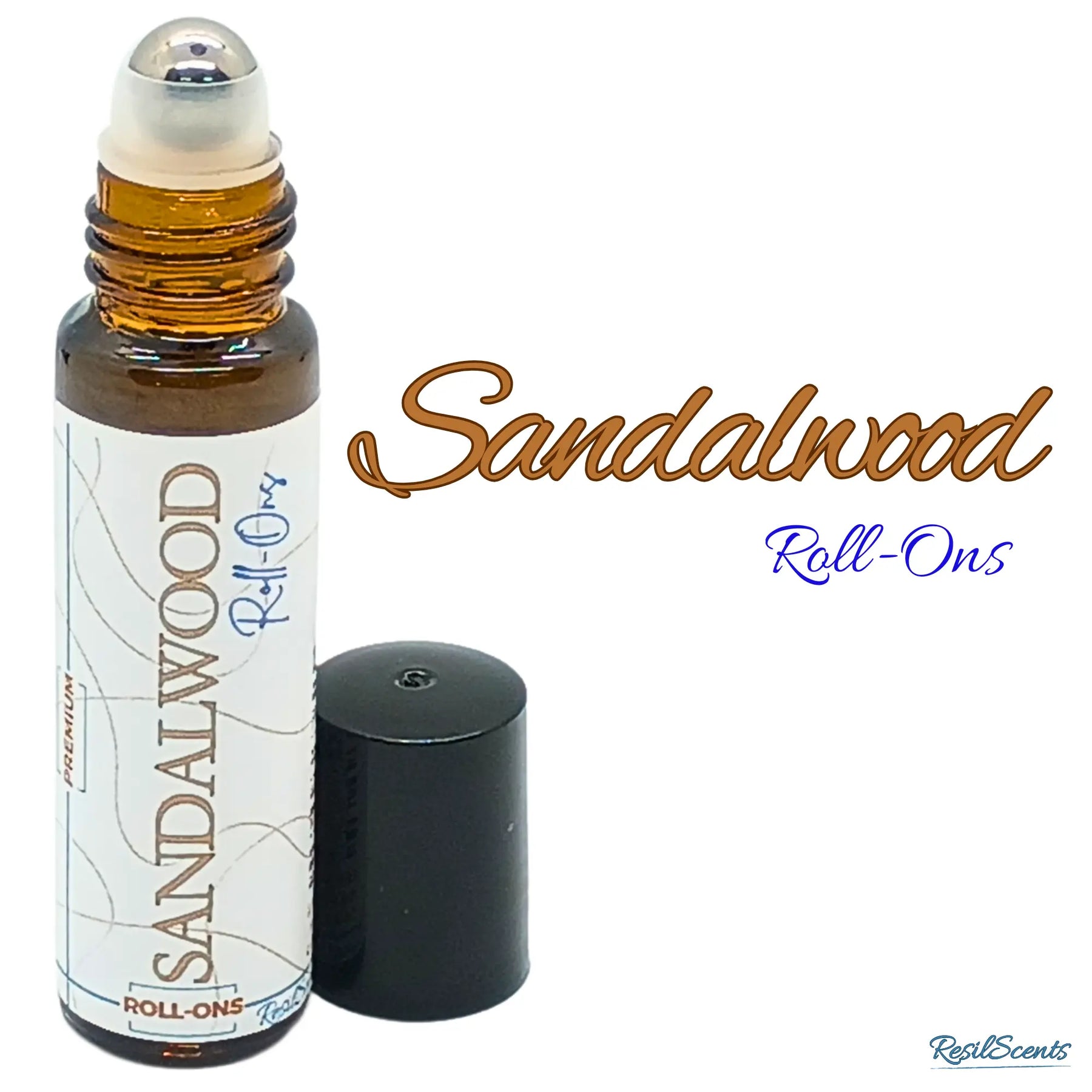 Sandalwood roll-on essential oil in an amber glass bottle with a black cap and the product label visible.