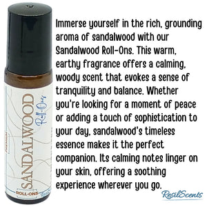 Sandalwood Roll-On bottle with black cap and label showing the product name and brand, ResilScents.