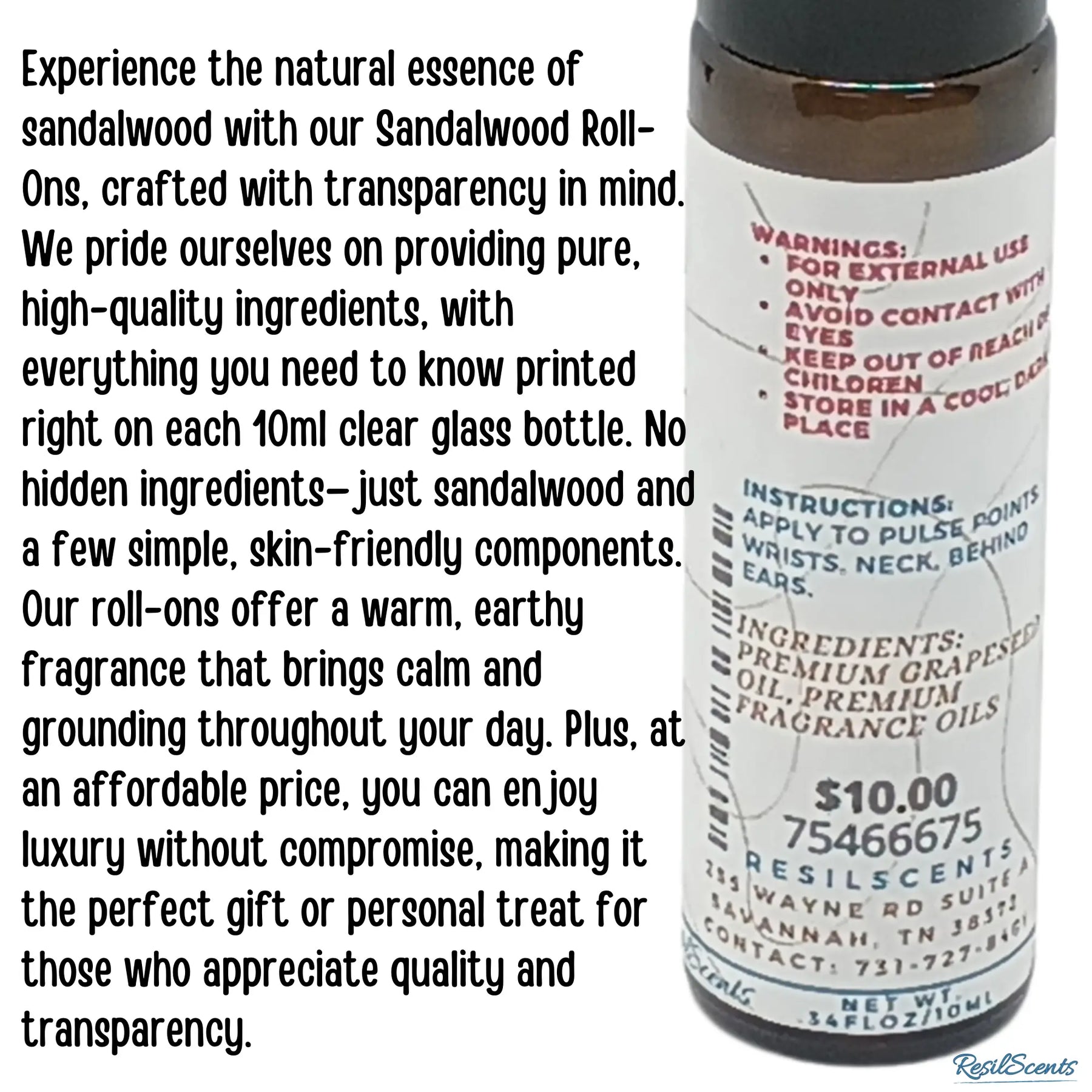 Sandalwood roll-on oil bottle with label showing warnings, instructions, ingredients, and ResilScents contact information.