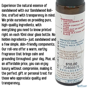 Sandalwood roll-on oil bottle with label showing warnings, instructions, ingredients, and ResilScents contact information.