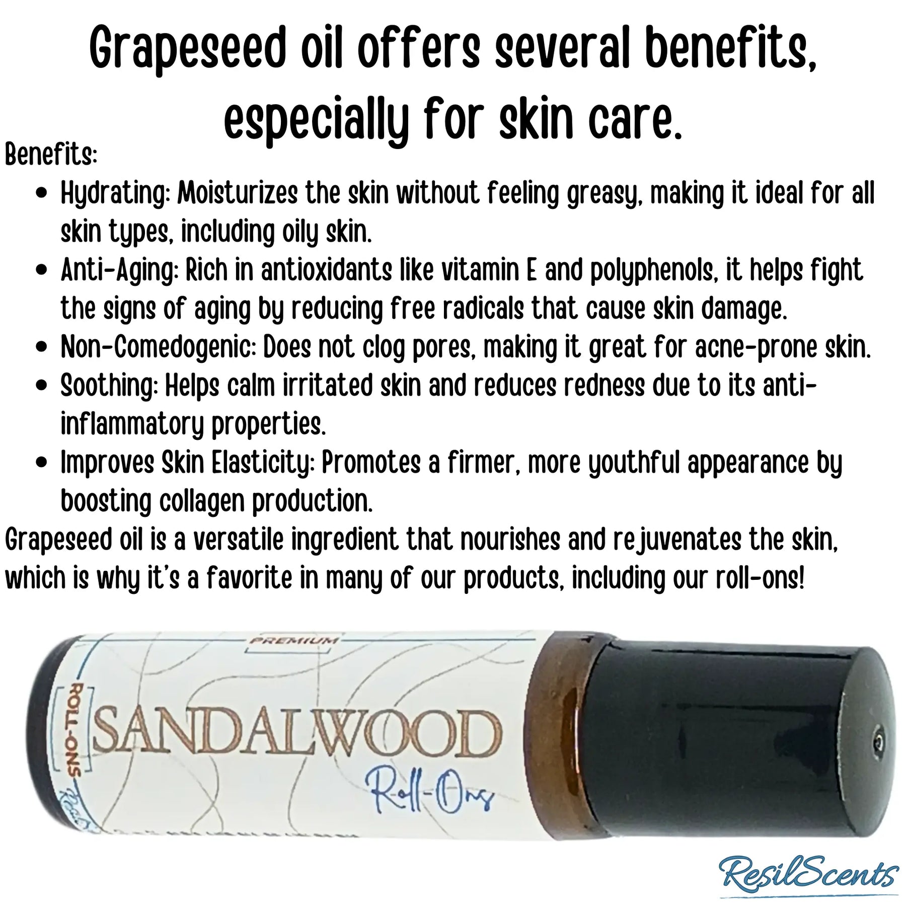Sandalwood roll-on oil with product benefits and ResilScents logo on a white background.