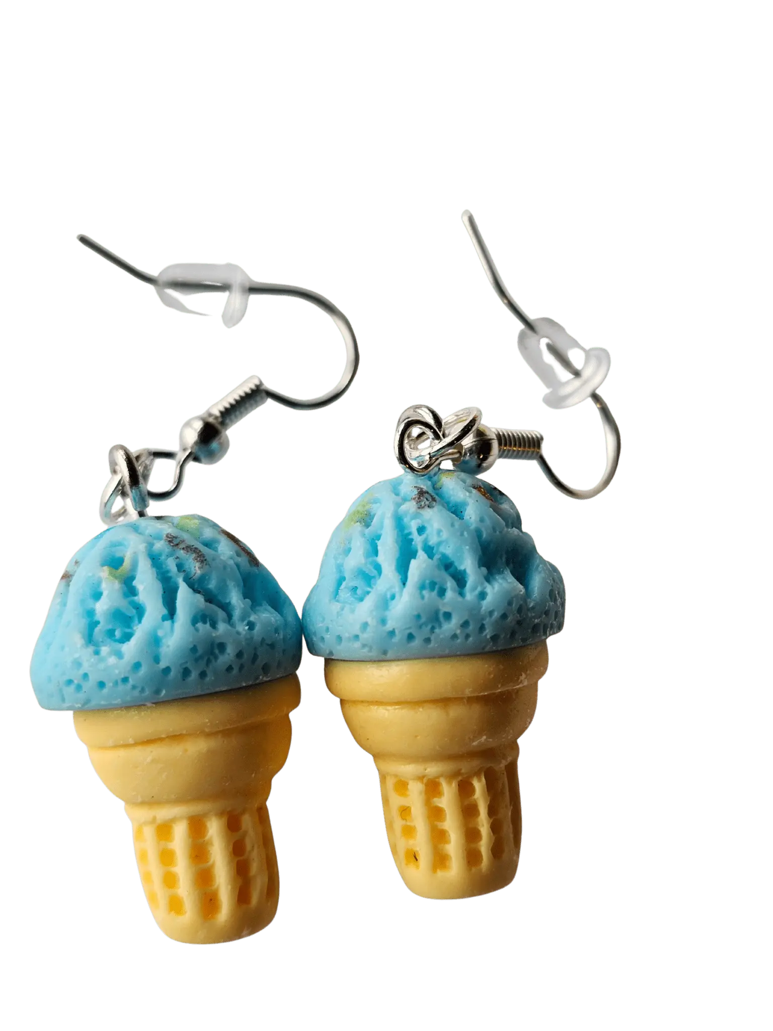 Ice Cream Cone Earrings: Two dangle earrings shaped like blue ice cream cones with yellow cones and silver-tone hooks.