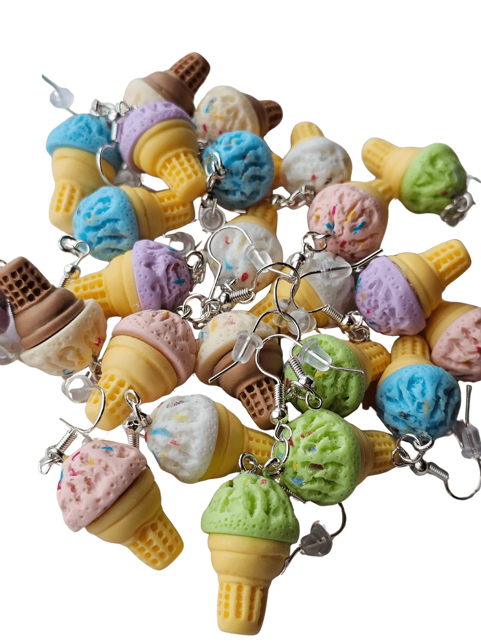 Ice cream cone earrings: colorful, miniature, handmade jewelry with silver-tone hooks and silicone backs for a playful accessory.