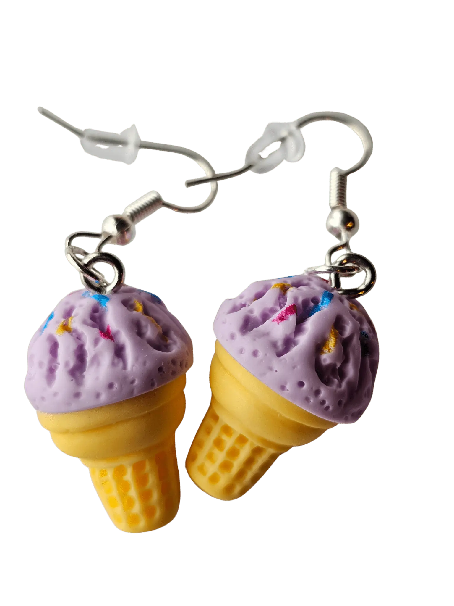 Ice cream cone earrings: purple ice cream, yellow cone, metal hooks with silicone stoppers. Handmade dessert jewelry.