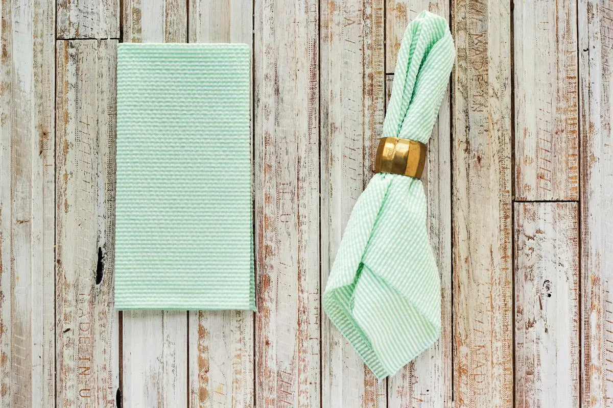 Mint green seersucker napkins with white stripes, set of four.