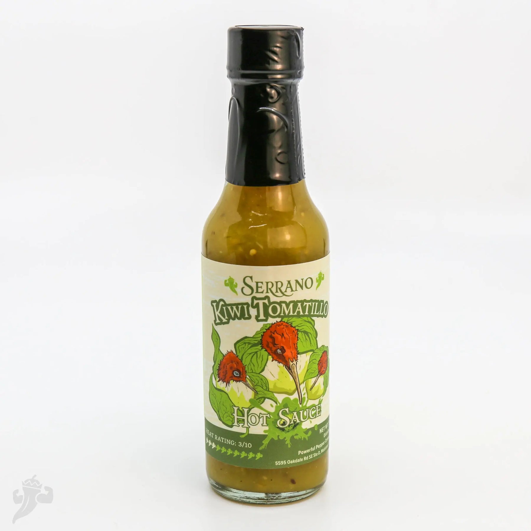 Serrano Kiwi Tomatillo Hot Sauce bottle with green sauce and a label showing kiwis and tomatillos.