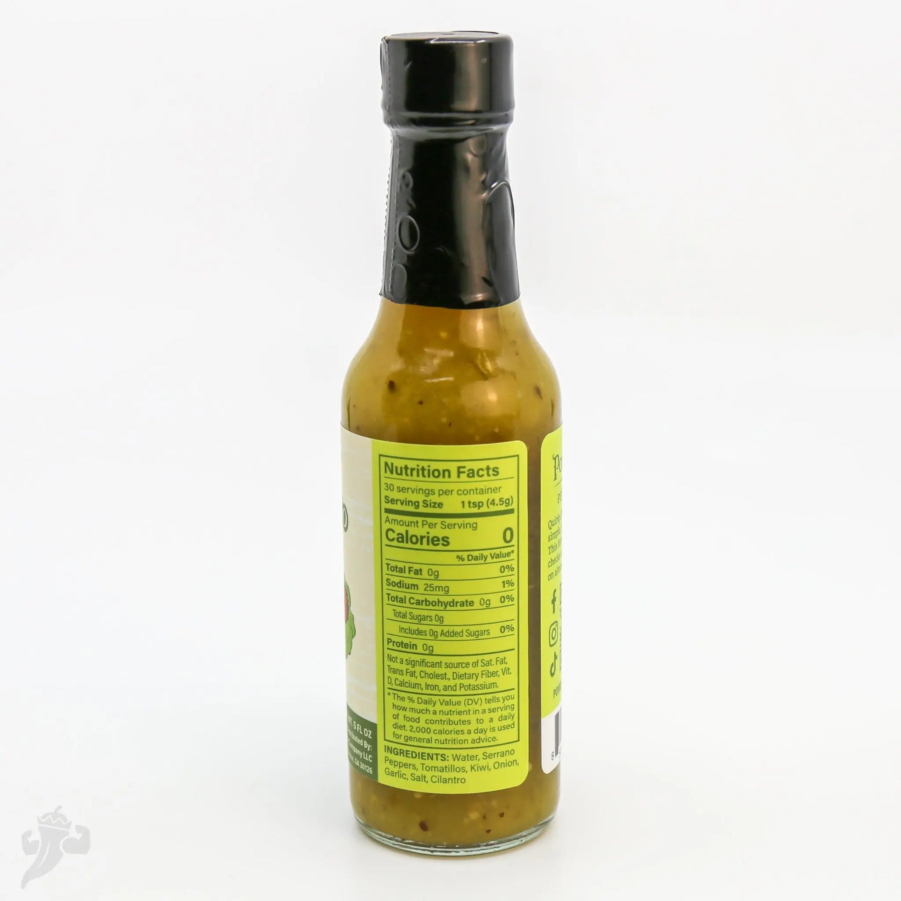 Bottle of Serrano Kiwi & Tomatillo Hot Sauce with nutrition facts and ingredients list.