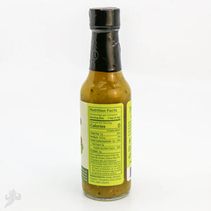 Bottle of Serrano Kiwi & Tomatillo Hot Sauce with nutrition facts and ingredients list.