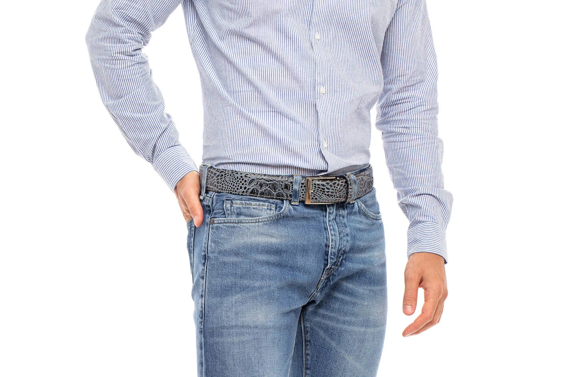 Close up of shadow mock crocodile leather belt texture