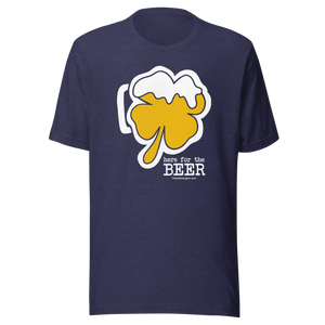 Navy blue t-shirt with a shamrock beer mug graphic and "here for the beer" text.