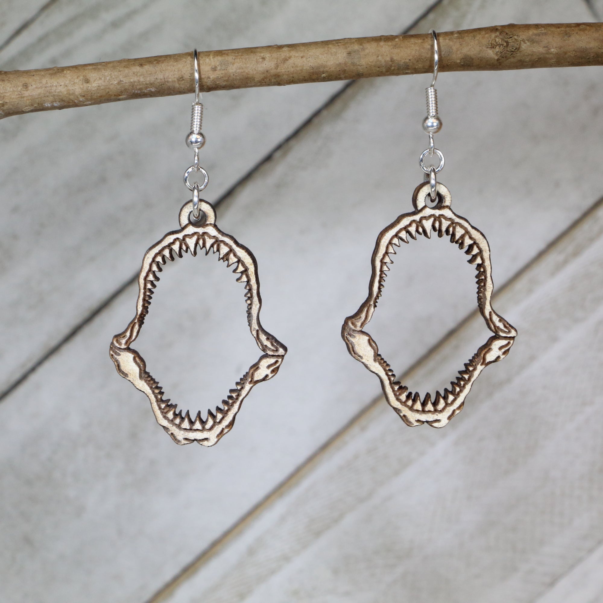 Shark Tooth Jaw Wooden Dangle Earrings | Ocean Predator Jewelry