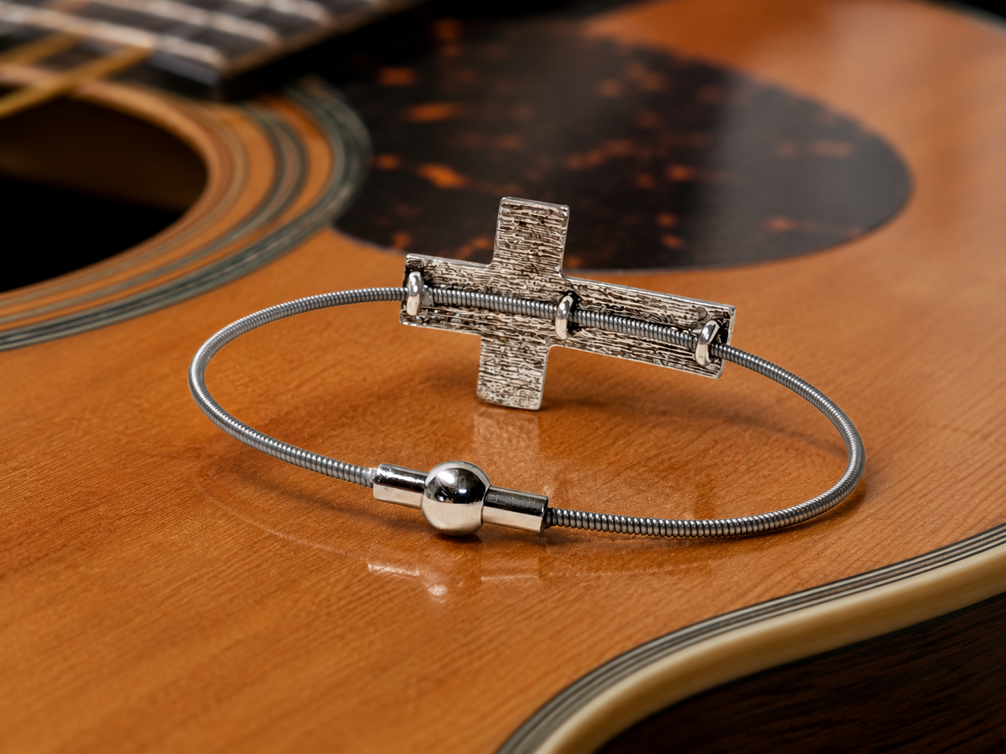 Silver Hammered Cross Guitar String Bracelet