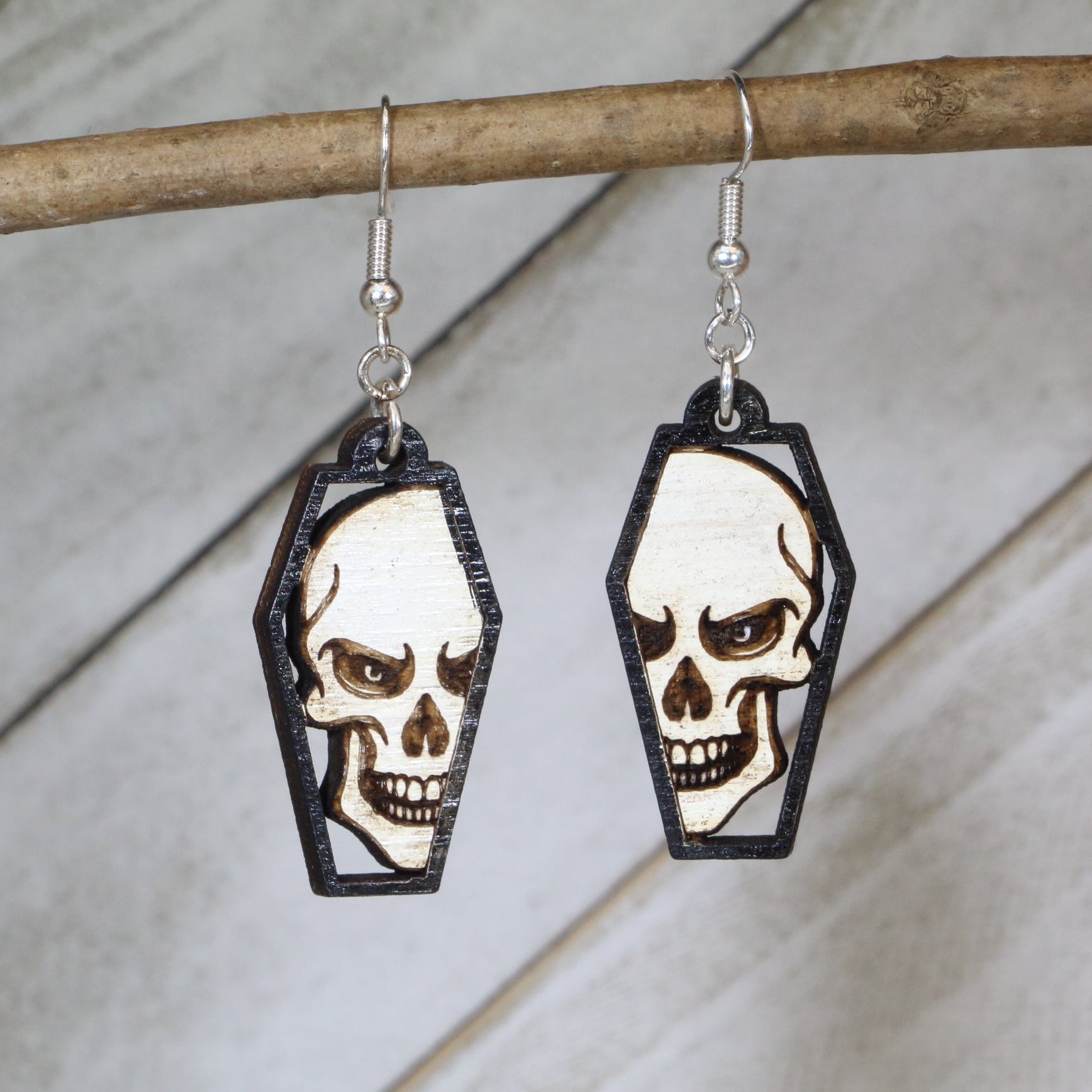 Skull Coffin Wooden Dangle Earrings | Gothic Halloween Jewelry