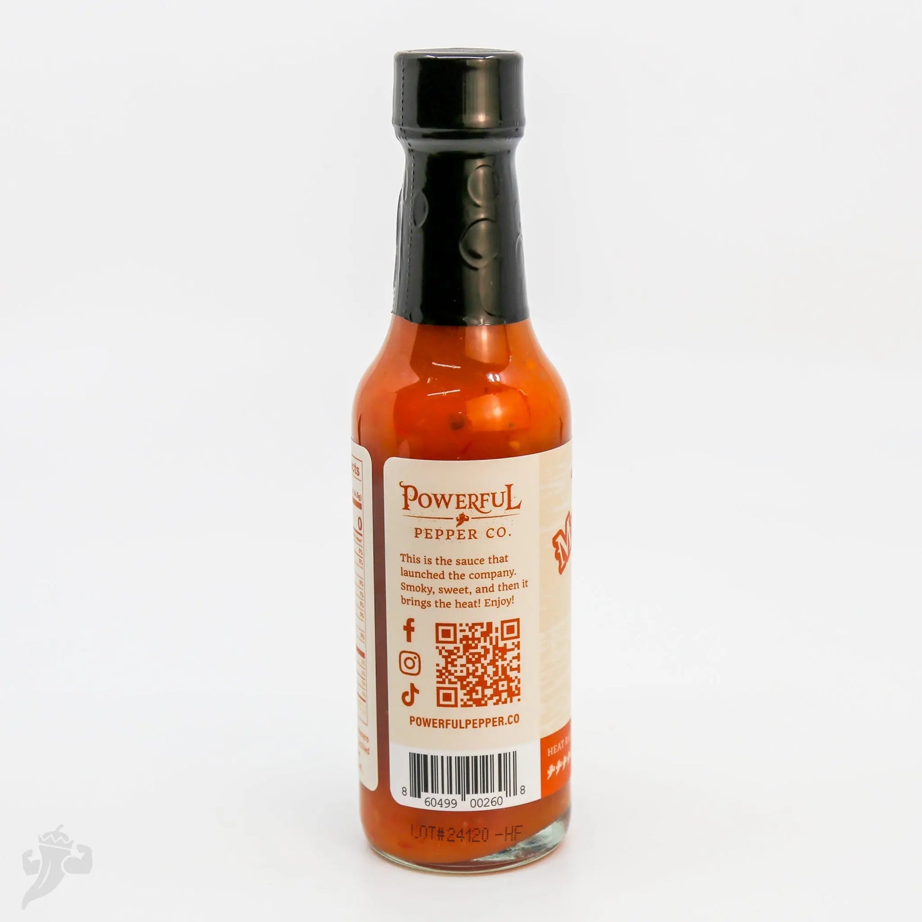 Powerful Pepper Co. Smoked Mango Habanero Hot Sauce bottle on white background.