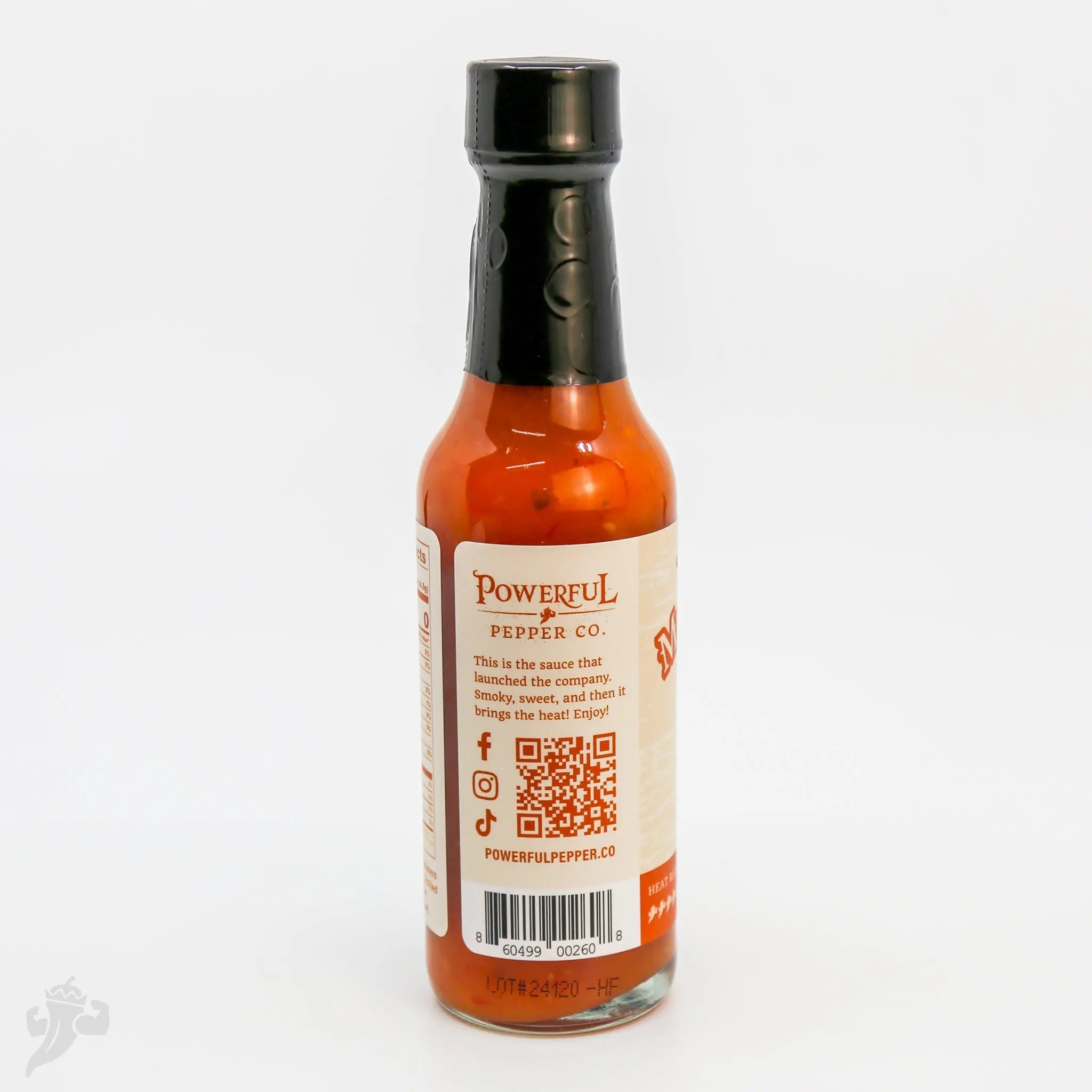 Powerful Pepper Co. Smoked Mango Habanero Hot Sauce bottle on white background.
