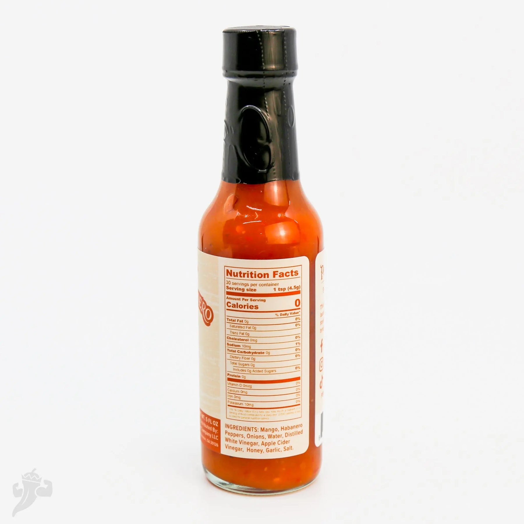 Bottle of Powerful Pepper Company Smoked Mango Habanero Hot Sauce with nutrition facts.