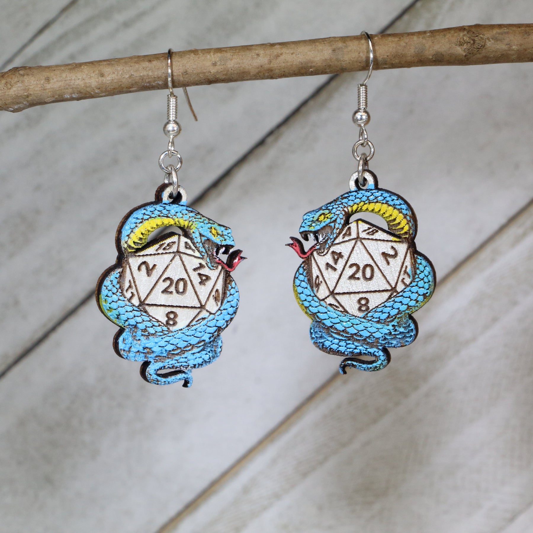 Snake D20 Wooden Dangle Earrings | D&D Fantasy Gaming Jewelry