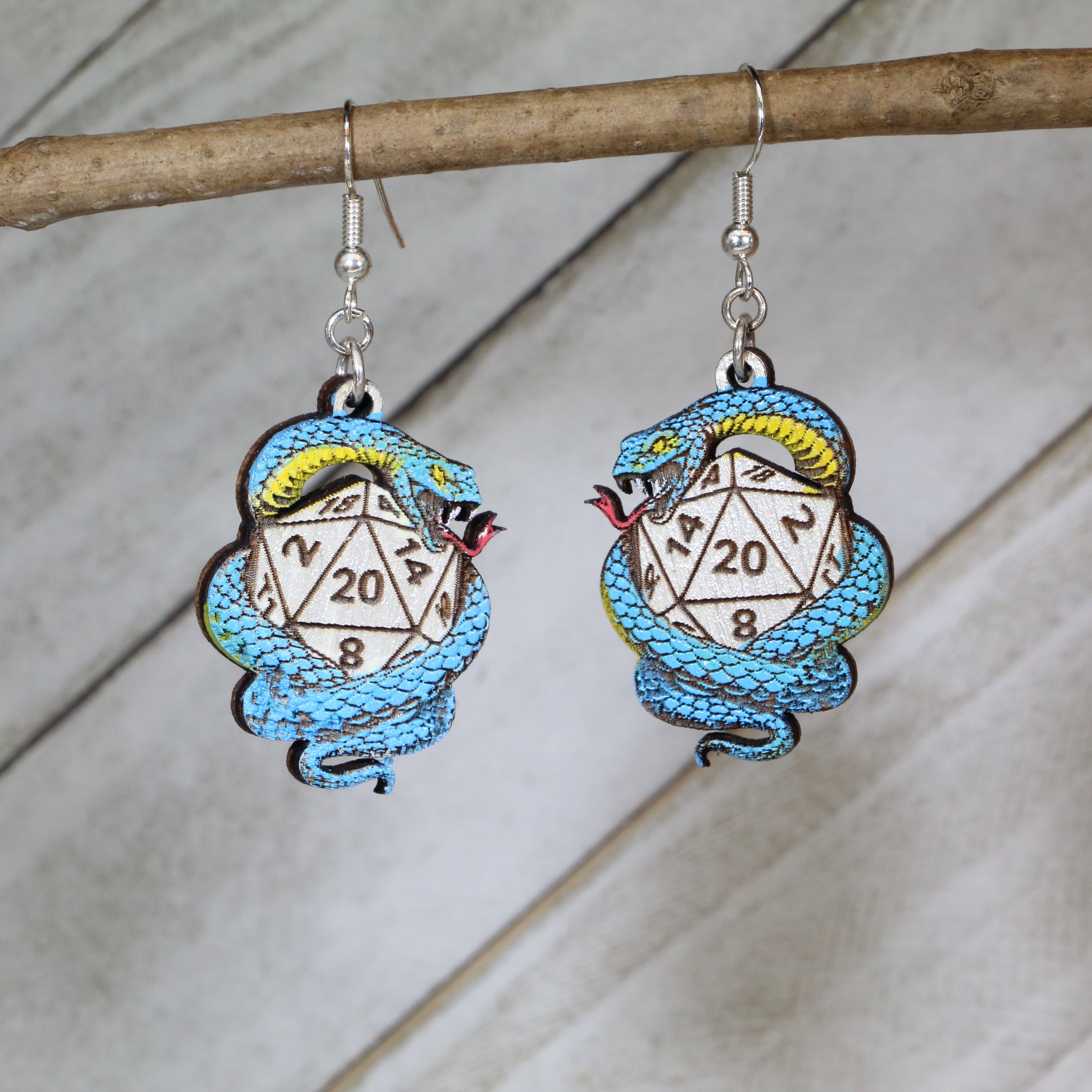 Snake D20 Wooden Dangle Earrings | D&D Fantasy Gaming Jewelry