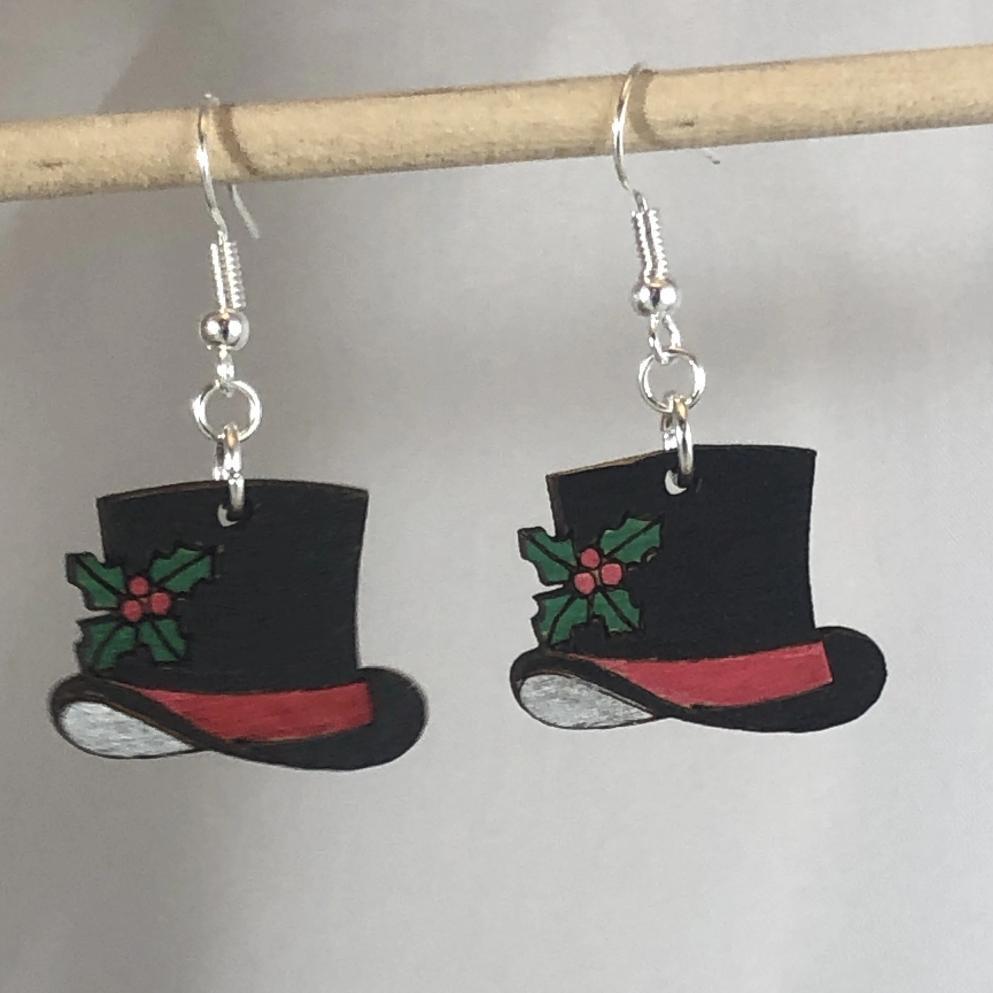 Snowman Top Hat Wooden Dangle Earrings | Christmas Jewelry