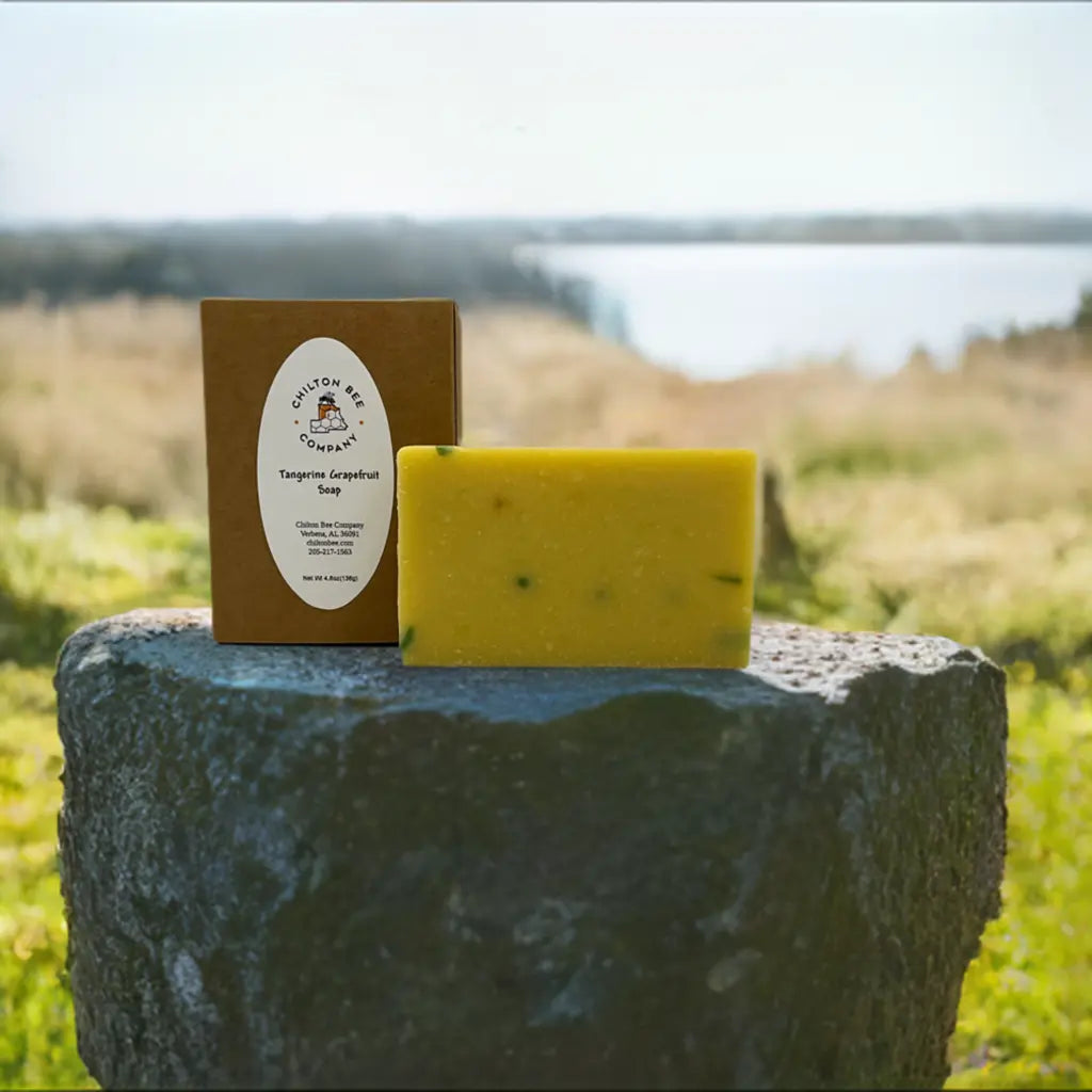 Chilton Bee Company Tangerine Grapefruit Soap bar and package on a stone, with a blurred landscape background.