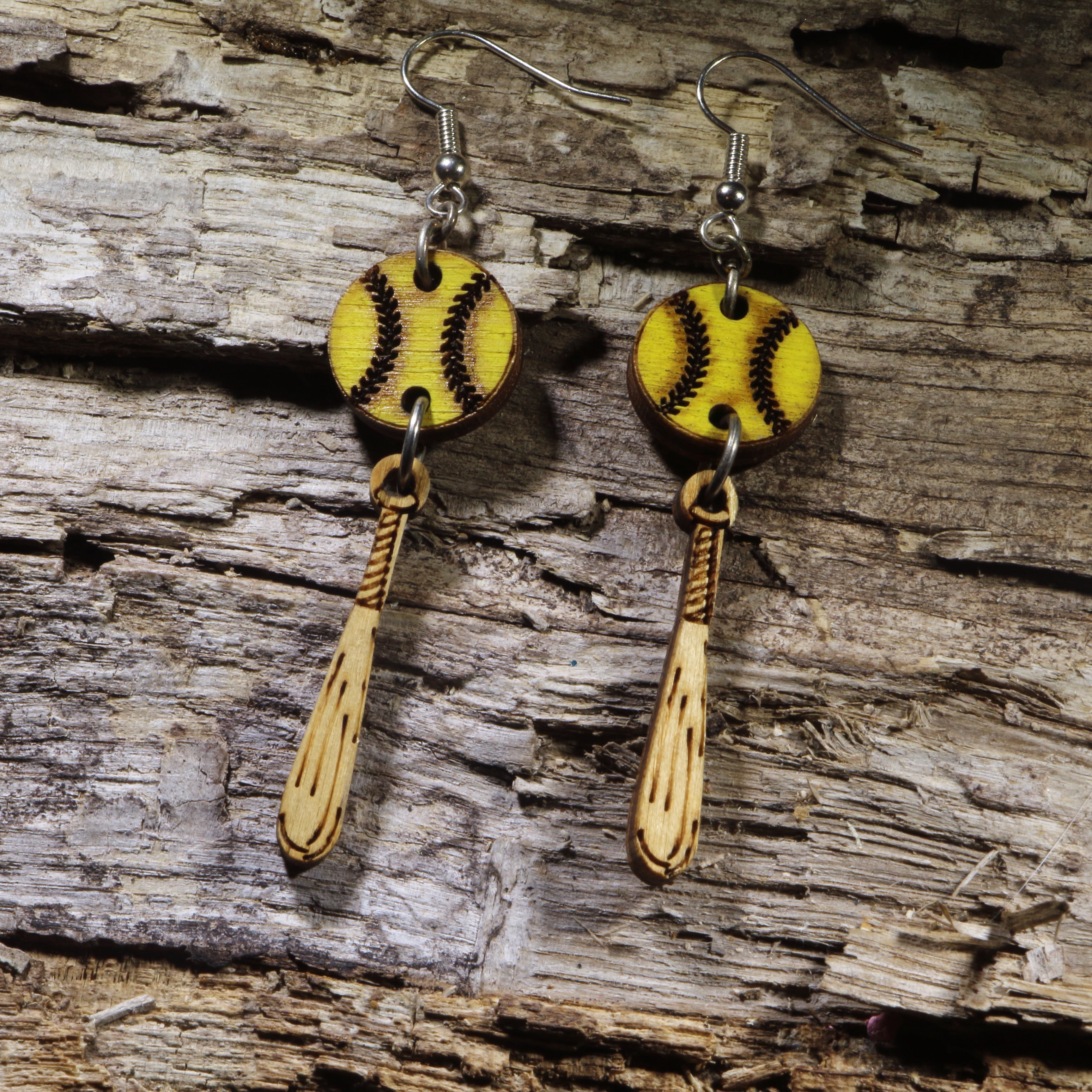 Softball & Bat Wooden Dangle Earrings | Softball Sports Jewelry