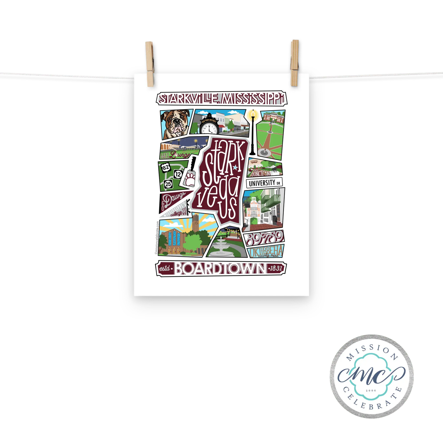 Starkville Mississippi Collage Art Print: Starkvegas Landmarks by Leslie Goncé.