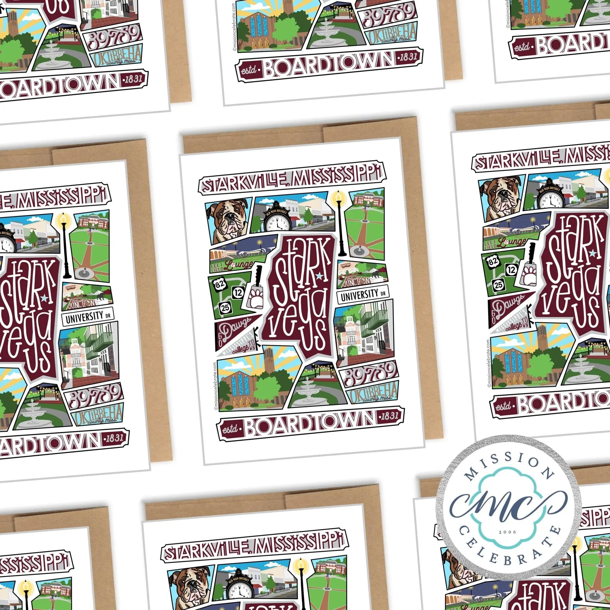 Starkville Mississippi Collage Art Greeting Card by Leslie Gonce - Main Street Collective