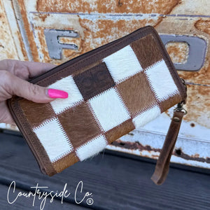 Countryside Co. Stockdale checkered cowhide wallet with wristlet.