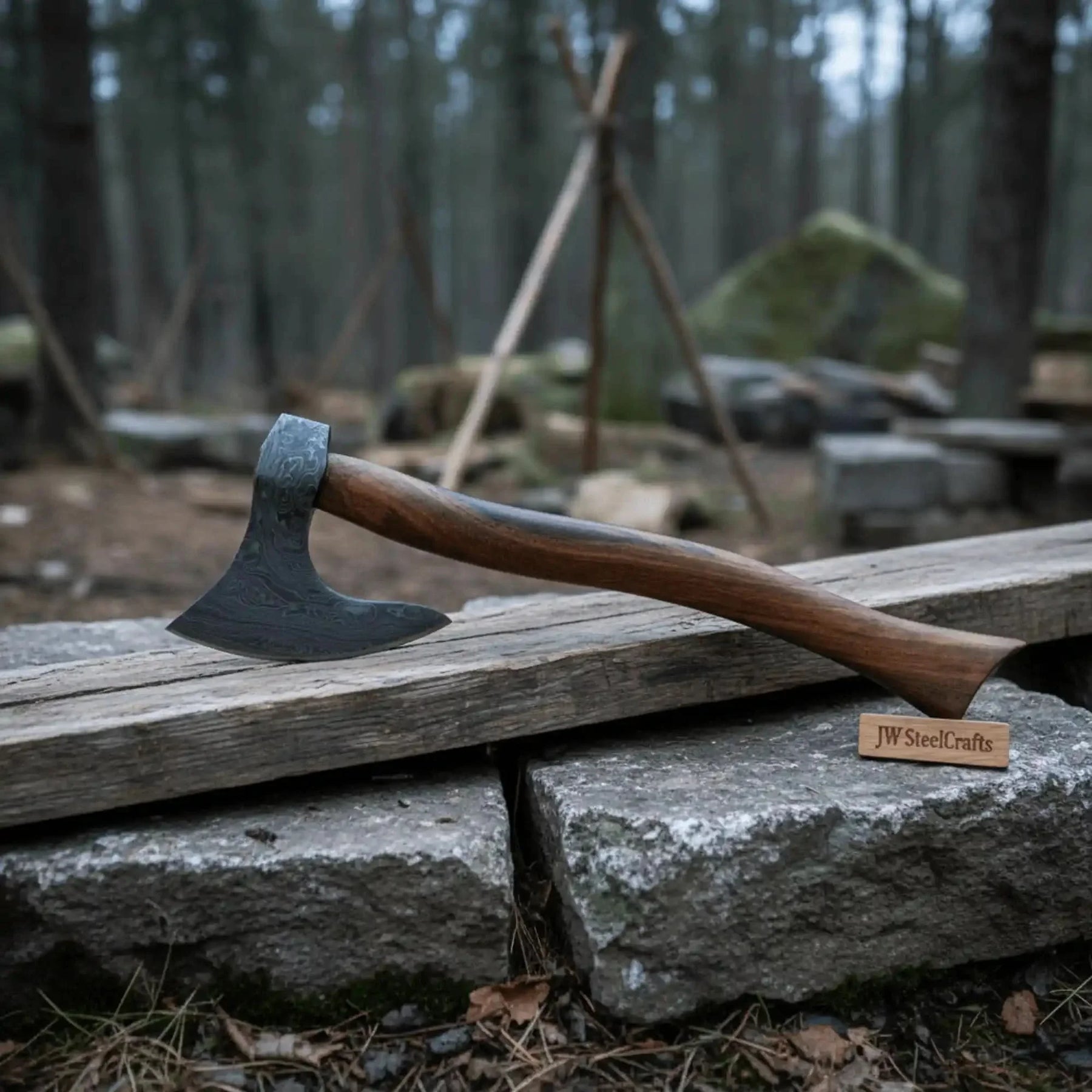 Damascus steel axe head with premium handle on rustic wood surface
