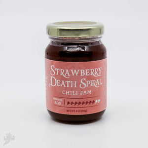 Jar of Strawberry Death Spiral Chili Jam with heat level indicator.