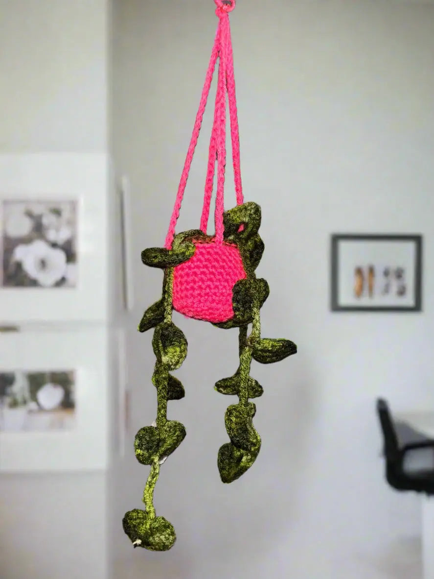 Handmade Crochet Strings of Hearts Plant Hanger - Pink Faux Succulent, Unique Hanging Plant Decor
