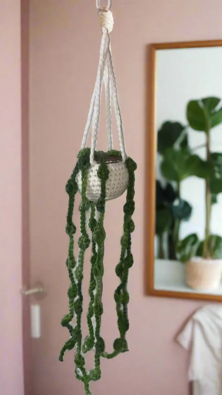 Crochet Plant Hanger: Strings of Pearls Faux Succulent by Klassy Krafts - Handmade Home Decor