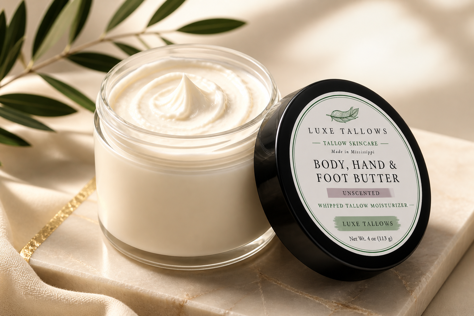 Stylized Luxe Tallows Open Jar of Body and and foot butter