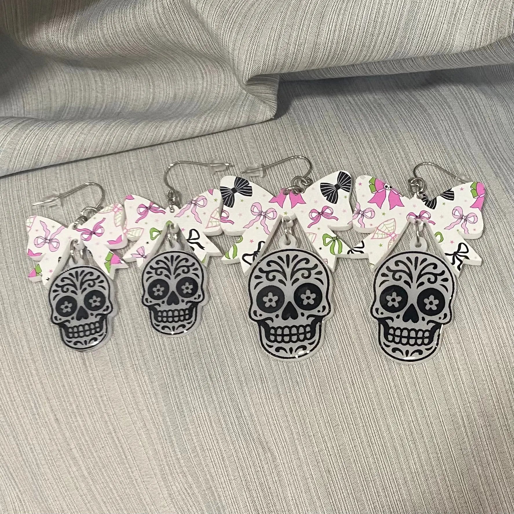 Sugar Skull Earrings with Bows - Halloween Jewelry - Dia de los Muertos - Main Street Collective