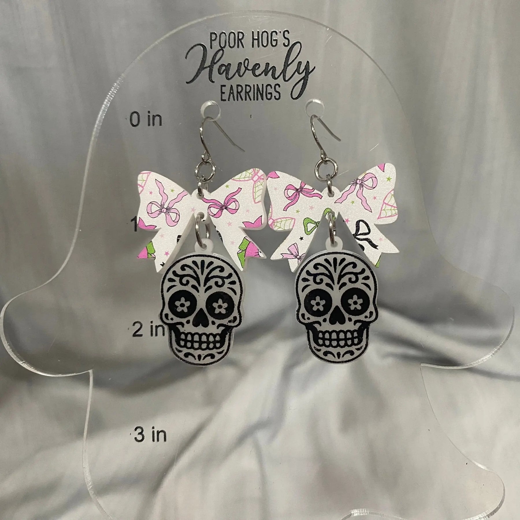 Sugar Skull with Festive Bow Acrylic Dangle Earrings for Halloween Poor Hog Customs