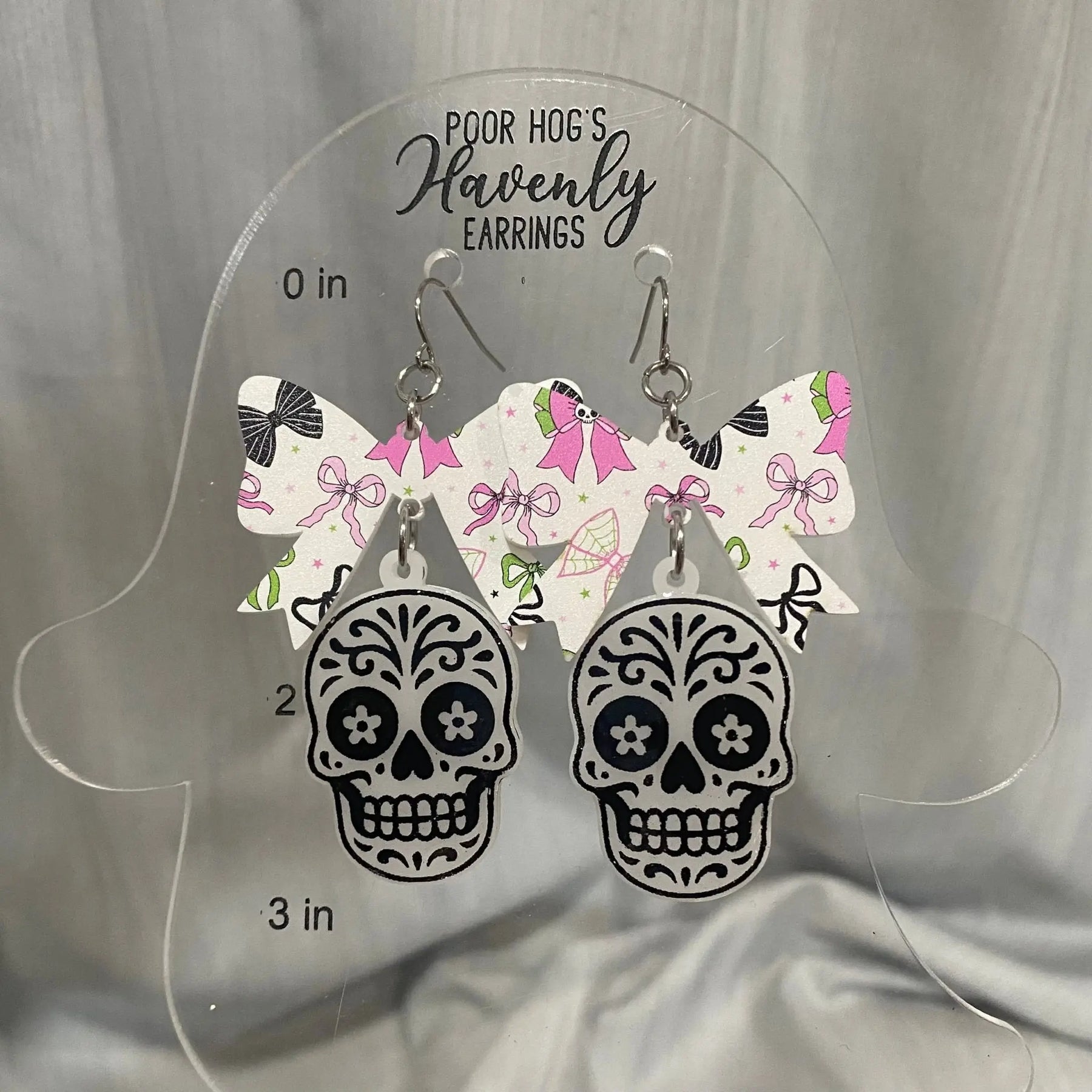 Sugar Skull with Festive Bow Acrylic Dangle Earrings for Halloween Poor Hog Customs