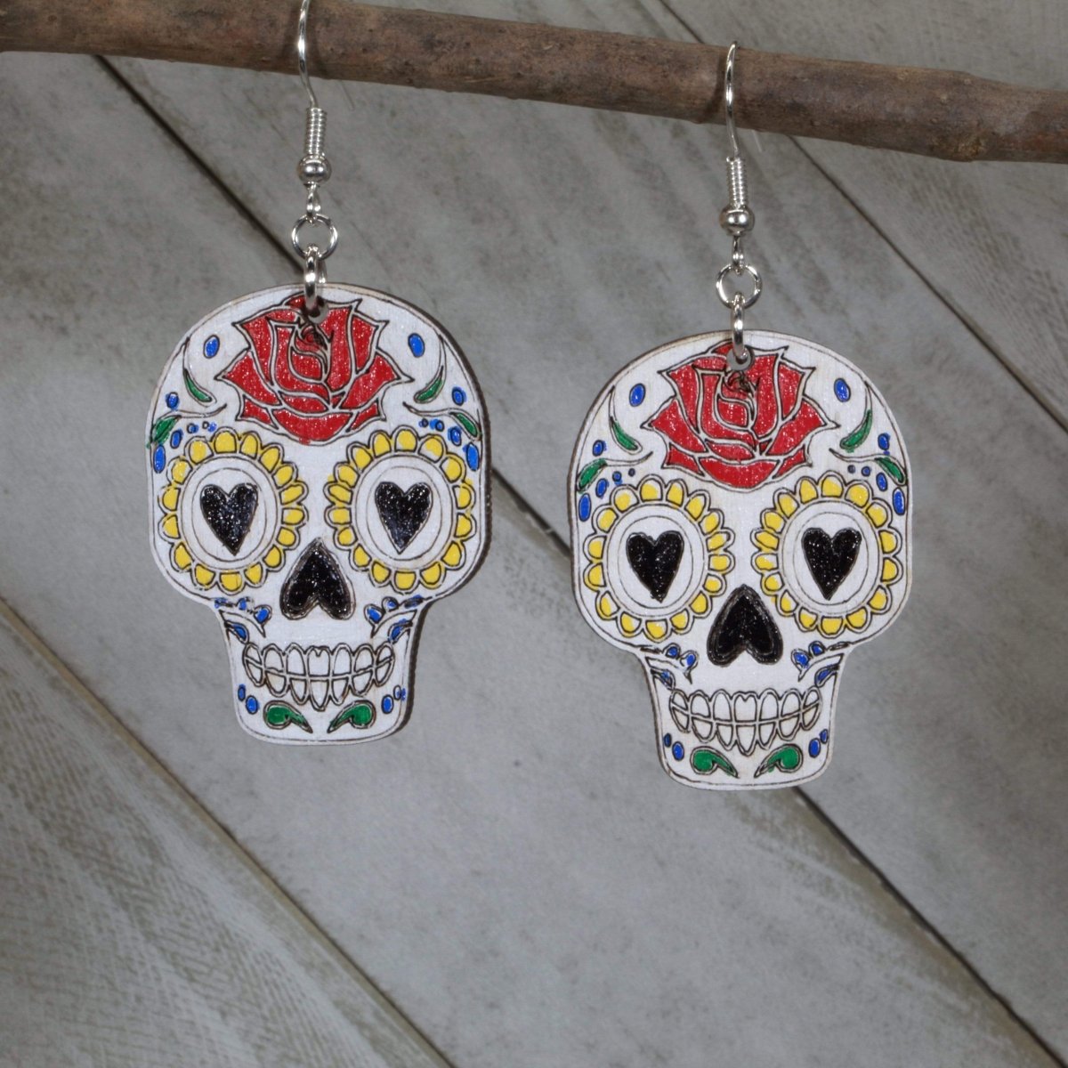 Sugar Skull Wooden Dangle Earrings | Day of the Dead Jewelry