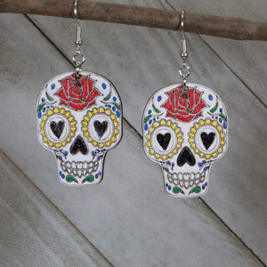 Sugar Skull Wooden Dangle Earrings | Day of the Dead Jewelry